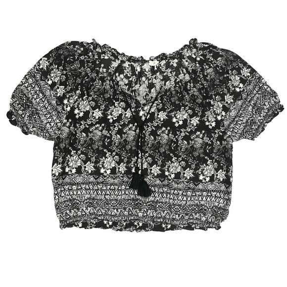 Lucky Brand Women's Boho Peasant Top Size L Black White Floral Print Tassel Tie - Picture 1 of 10